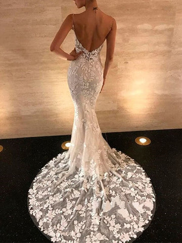 Sirène Robe de Mariée Dentelle Longue dos Nu Col en V sans Manches